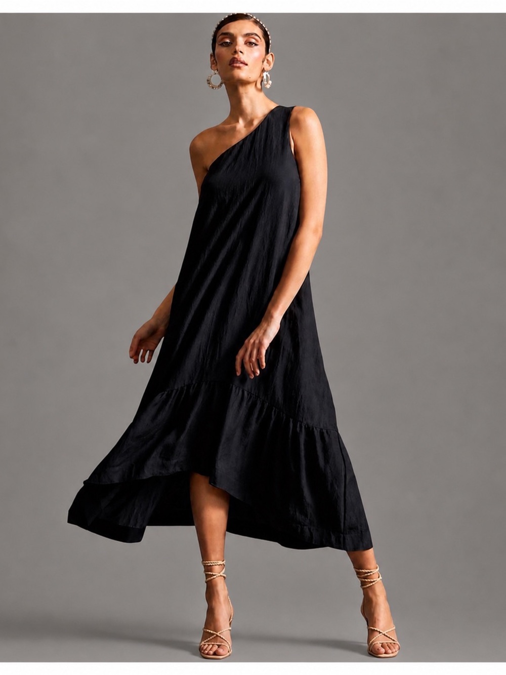 Anthropologie  One-Shoulder Black High Low Midi Dress Size XS